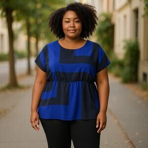 Forever 21 Plus‎ Size 1X Blue Geometric Peplum Blouse